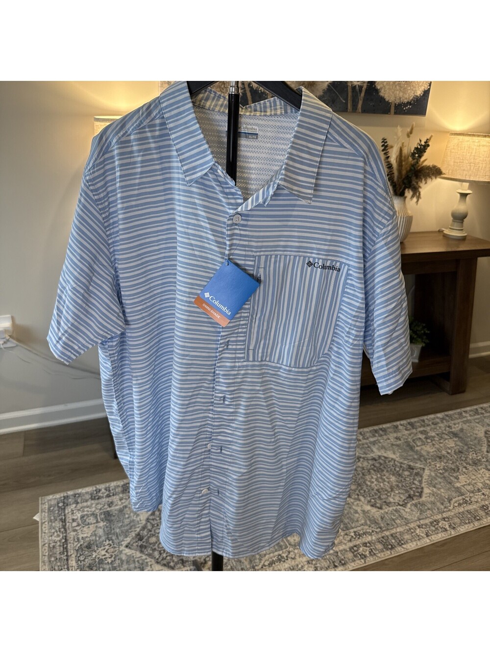 Columbia Men’s Short Sleeve Fishing Shirt Blue/White Stripe Size XL Omni Shade